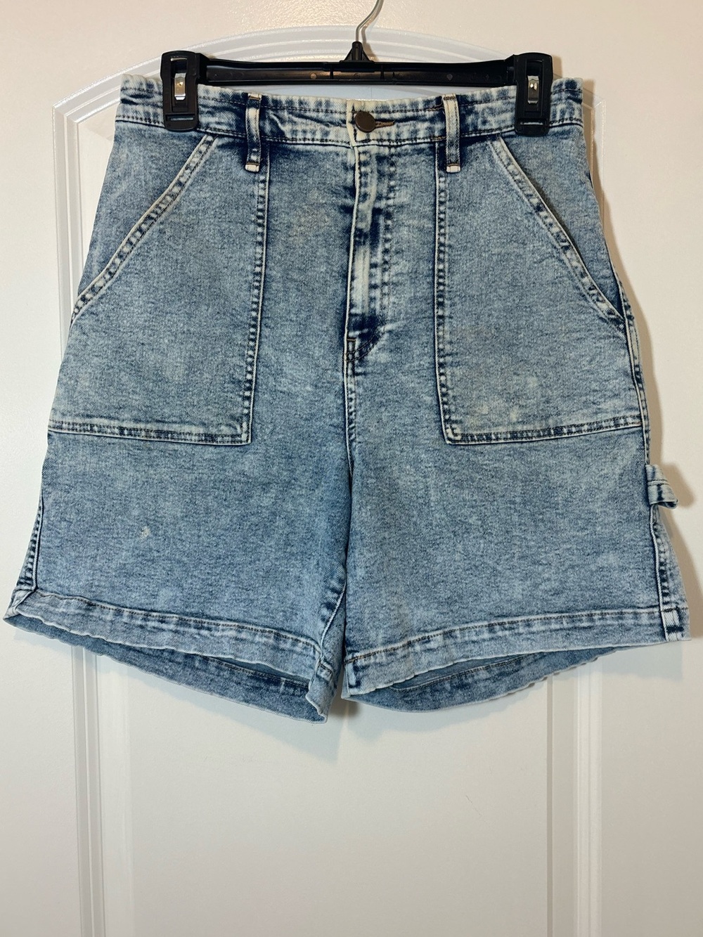 High-Rise Light Blue Washed Denim Utility Shorts